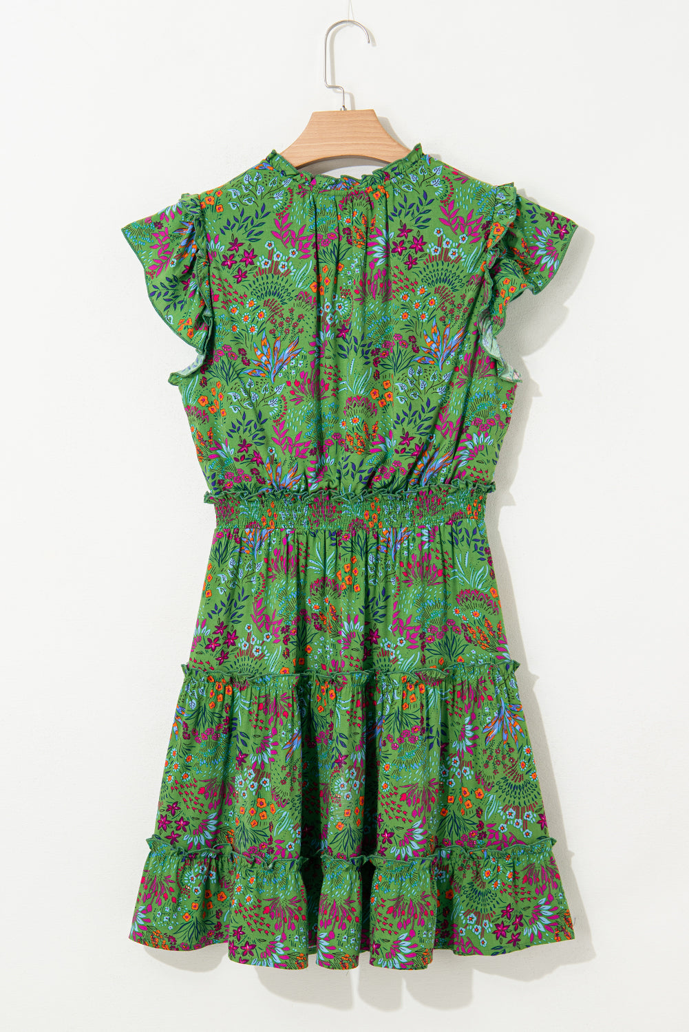 Green Floral Tie Split Neck Frilly Ruffle Trim Tiered Short Dress 🇺🇸