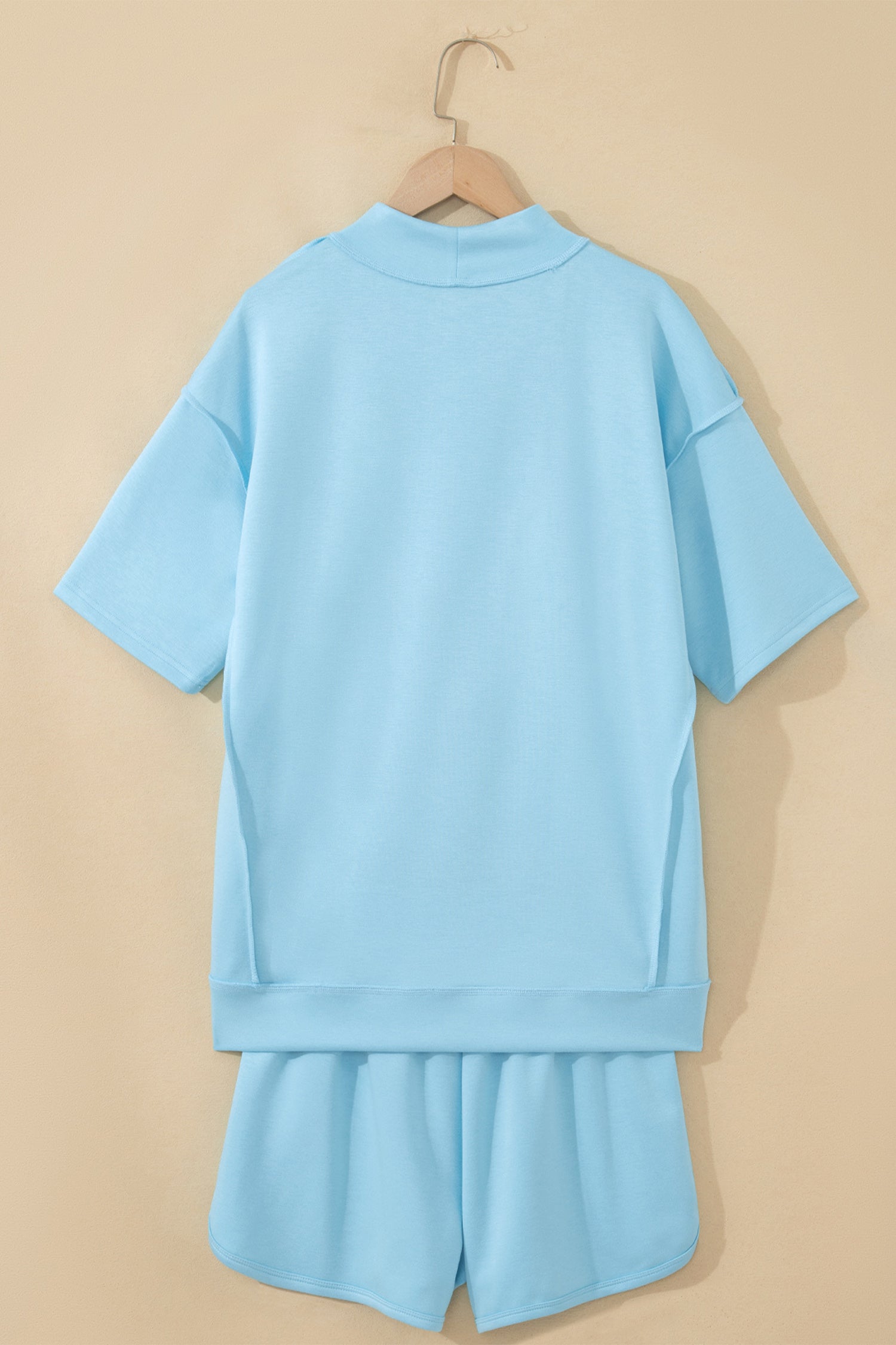 Mist Blue Solid Color Exposed Seam Mock Neck Oversize Tee Casual Shorts 2pcs Outfit 🇺🇸