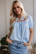 Sky Blue Floral Embroidered Puff Sleeve Notched V Neck Blouse 🇺🇸