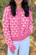 Pink Heart Pattern Drop Shoulder Long Sleeve Button Front Cardigan 🇺🇸