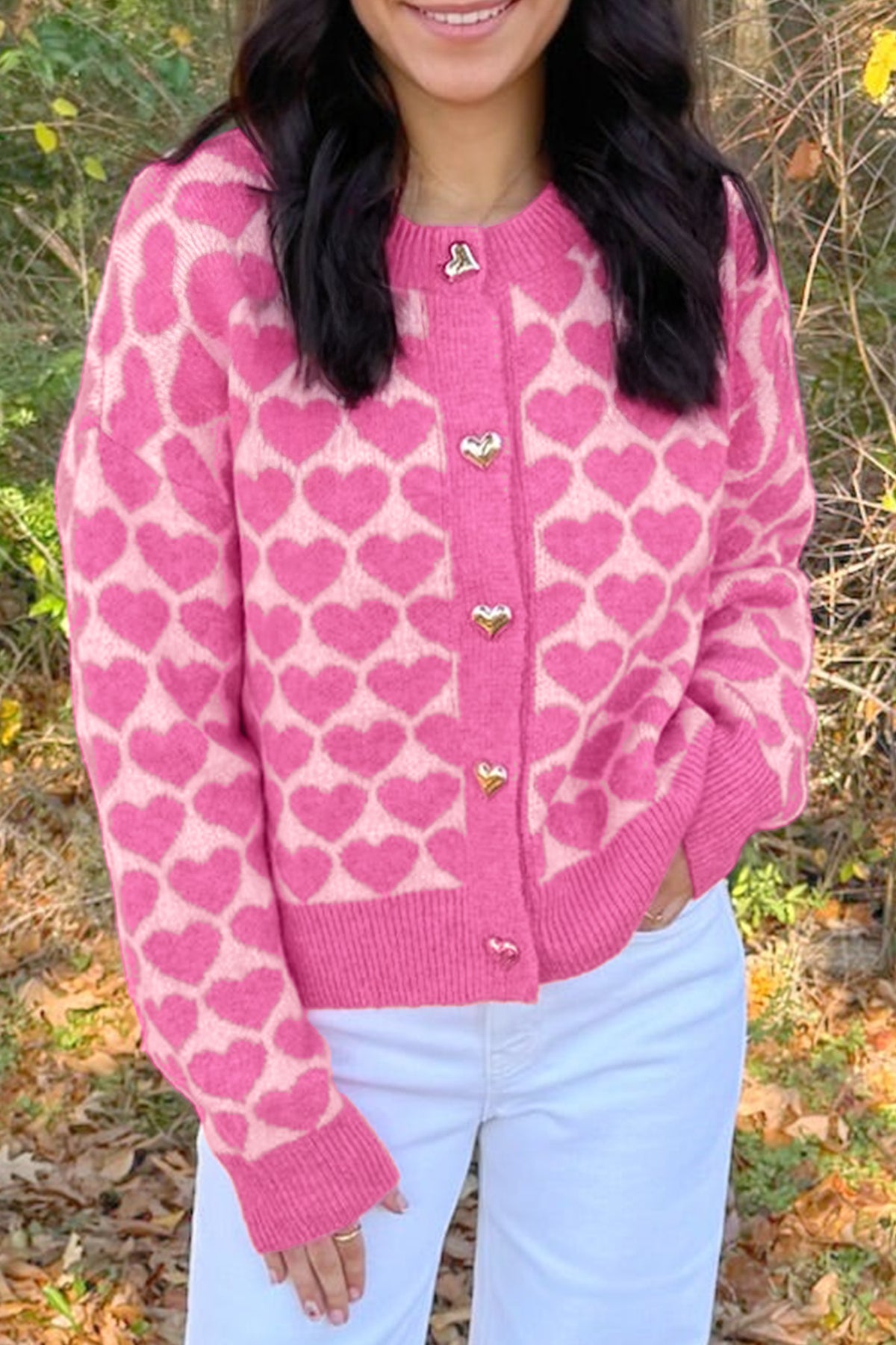 Pink Heart Pattern Drop Shoulder Long Sleeve Button Front Cardigan 🇺🇸