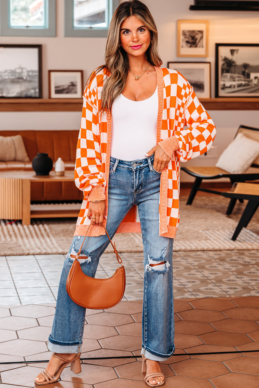 Orange Checkered Open Front Drop Shoulder Cardigan 🇺🇸