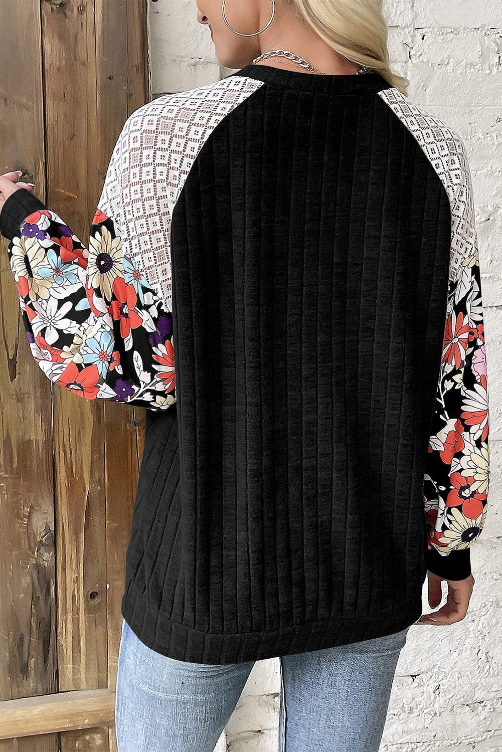 Black Floral Patchwork Long Sleeve Ribbed Blouse 🇺🇸