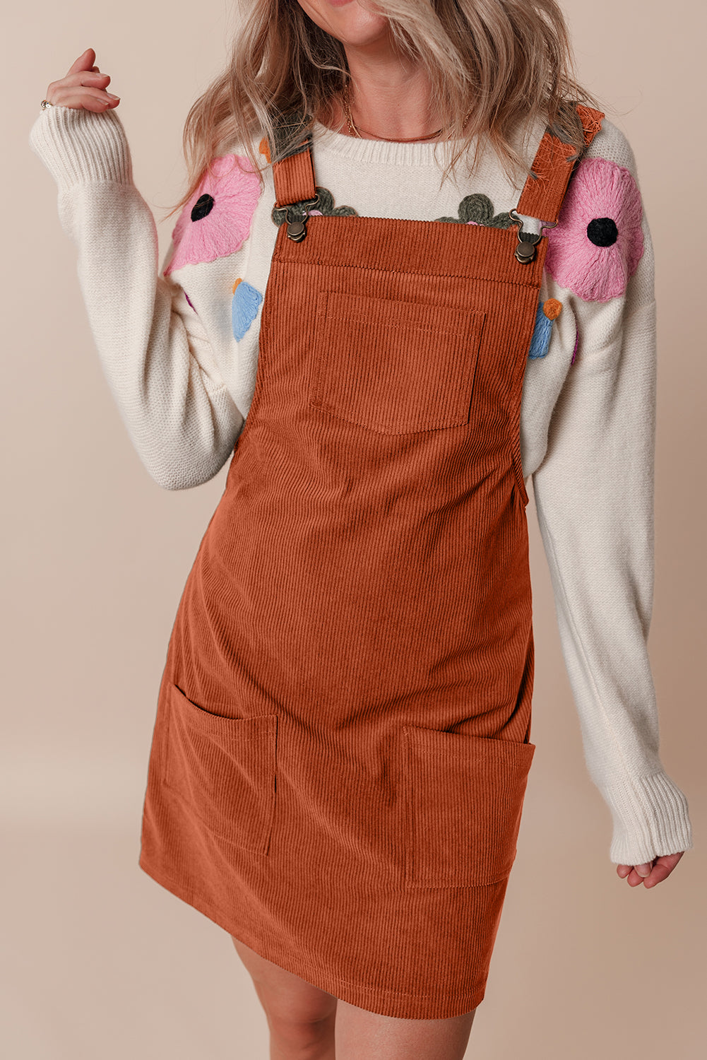 Cinnamon Solid Front Pockets Sleeveless Corduroy Overall Dress 🇺🇸