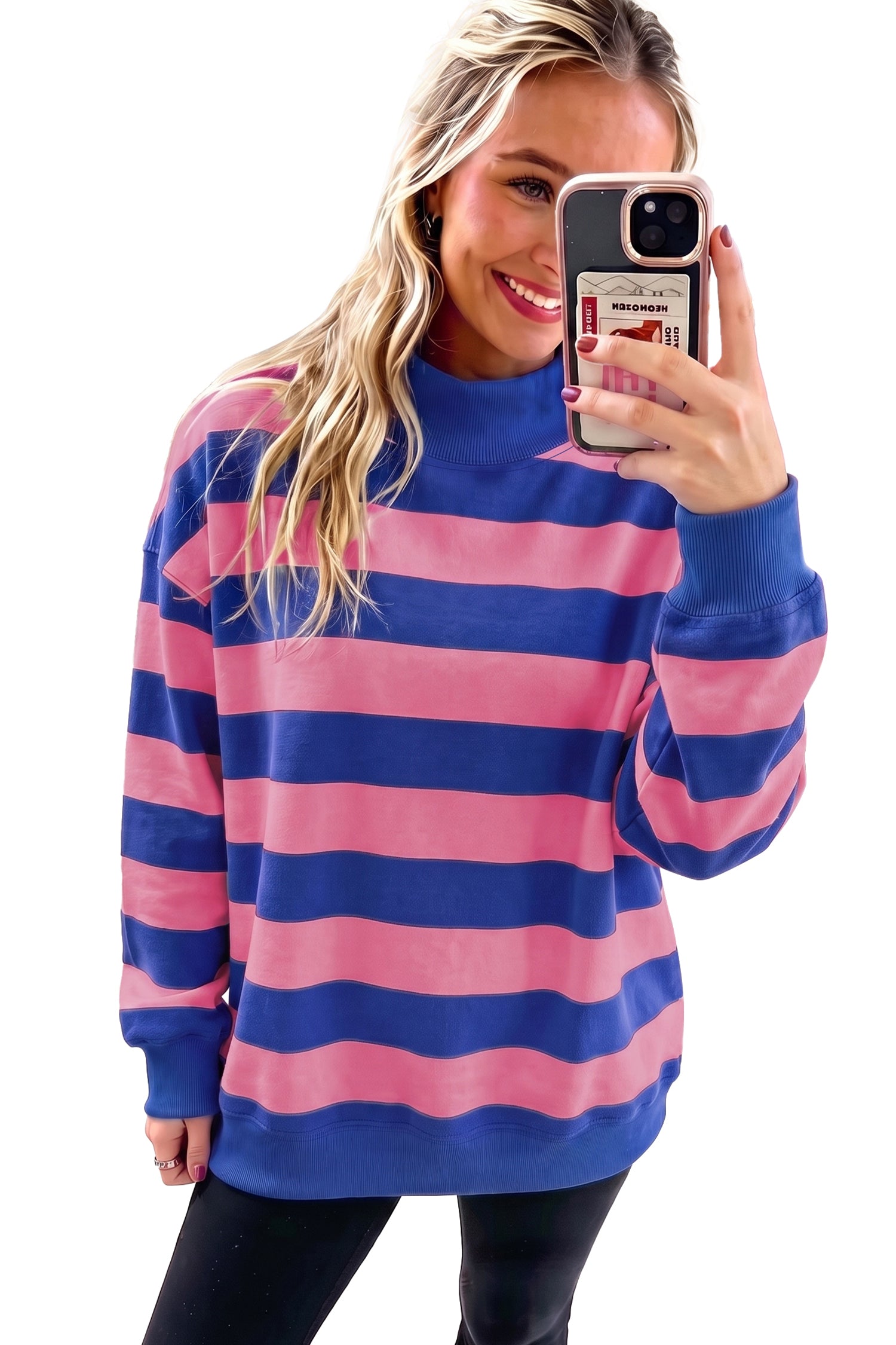 Blue Stripe Colorblock Mock Neck Relaxed Sweatshirt 🇺🇸