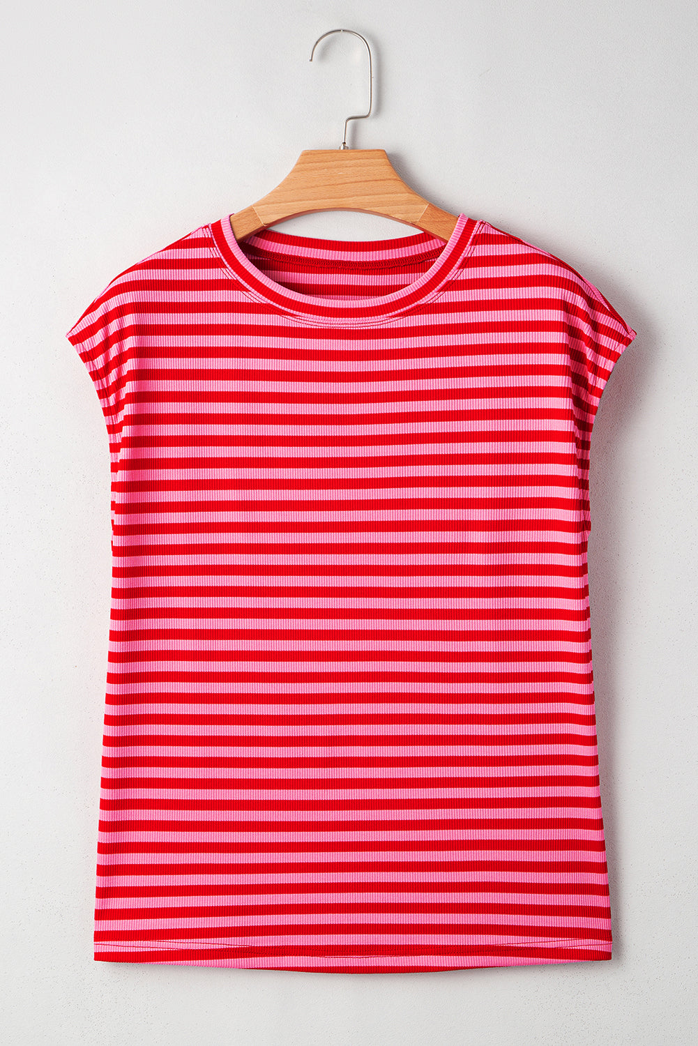 Red Stripe Ribbed Cap Sleeve Round Neck T Shirt 🇨🇳