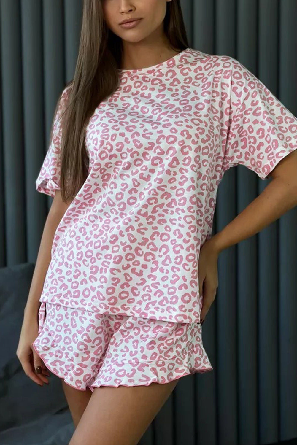 Pink Leopard Print Crew Neck Tee and Ruffled Shorts 2 Lounge Set 🇺🇸