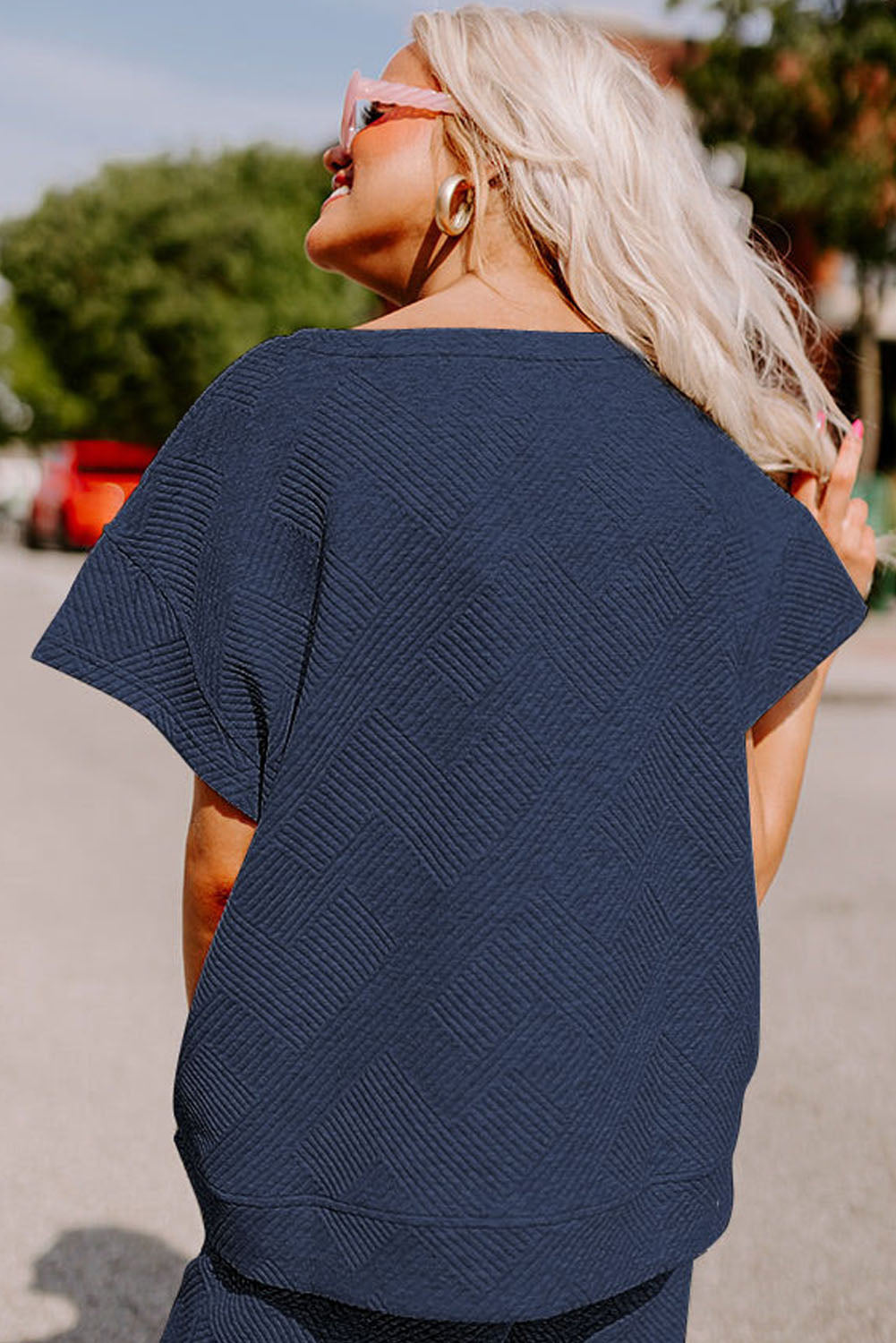 Navy Blue Textured Loose Fit T Shirt and Drawstring Pants Set 🇨🇳