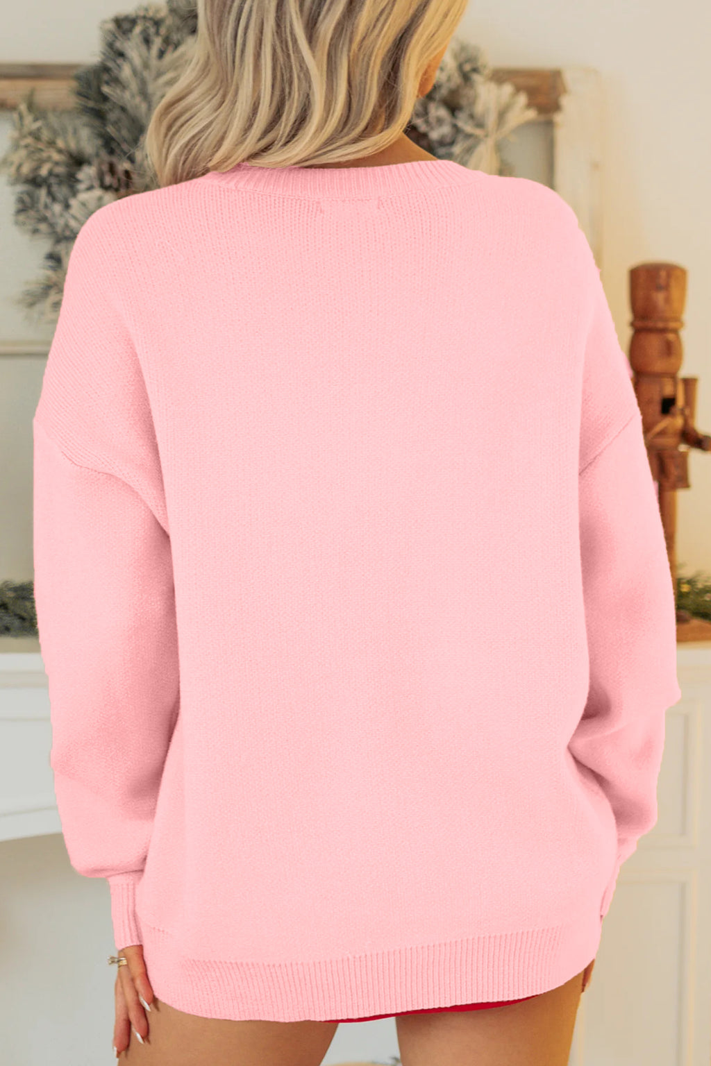 Gossamer Pink Drop Shoulder Round Neck Towel Embroidery Slogan Pullover Sweater 🇺🇸