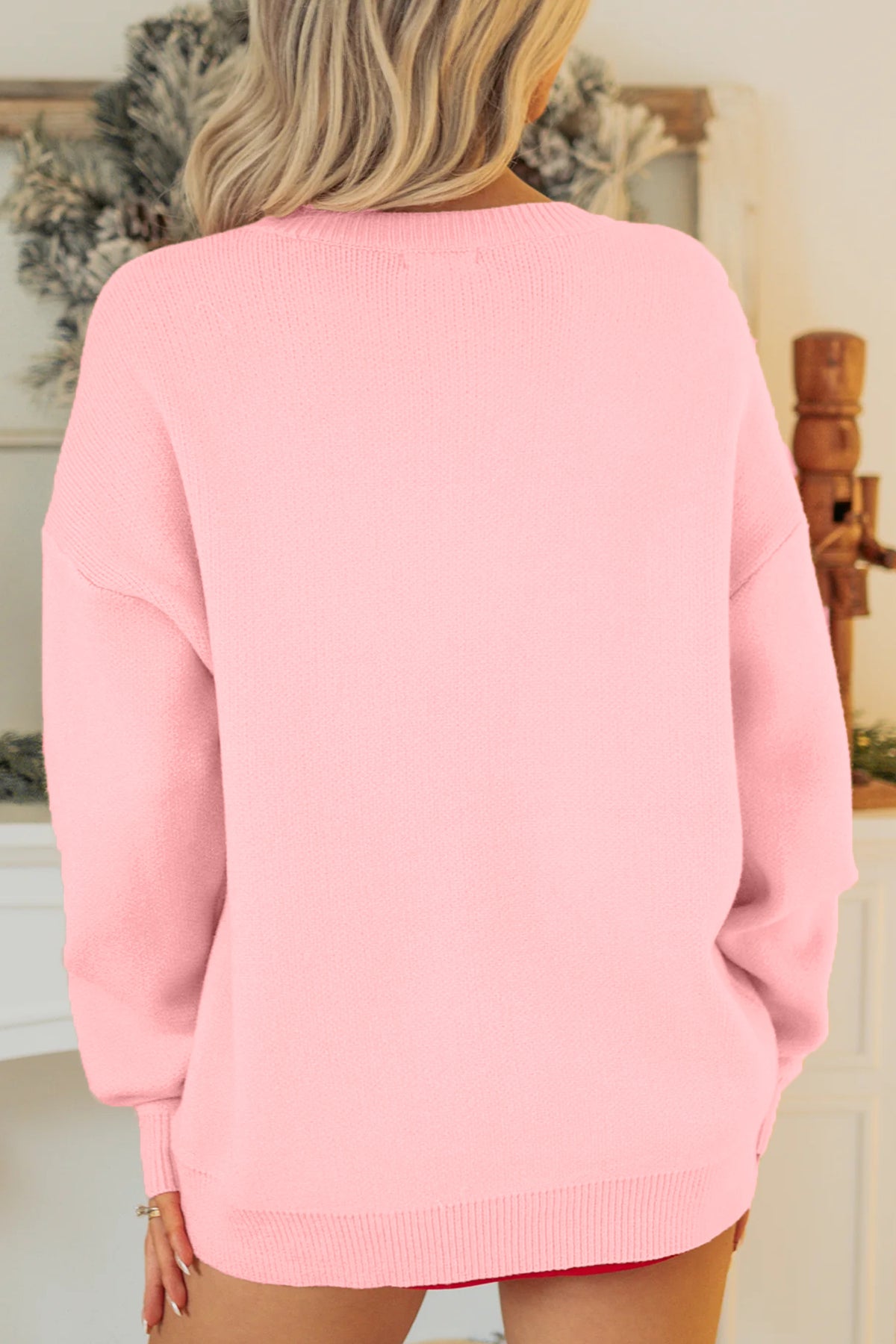 Gossamer Pink Drop Shoulder Round Neck Towel Embroidery Slogan Pullover Sweater 🇺🇸