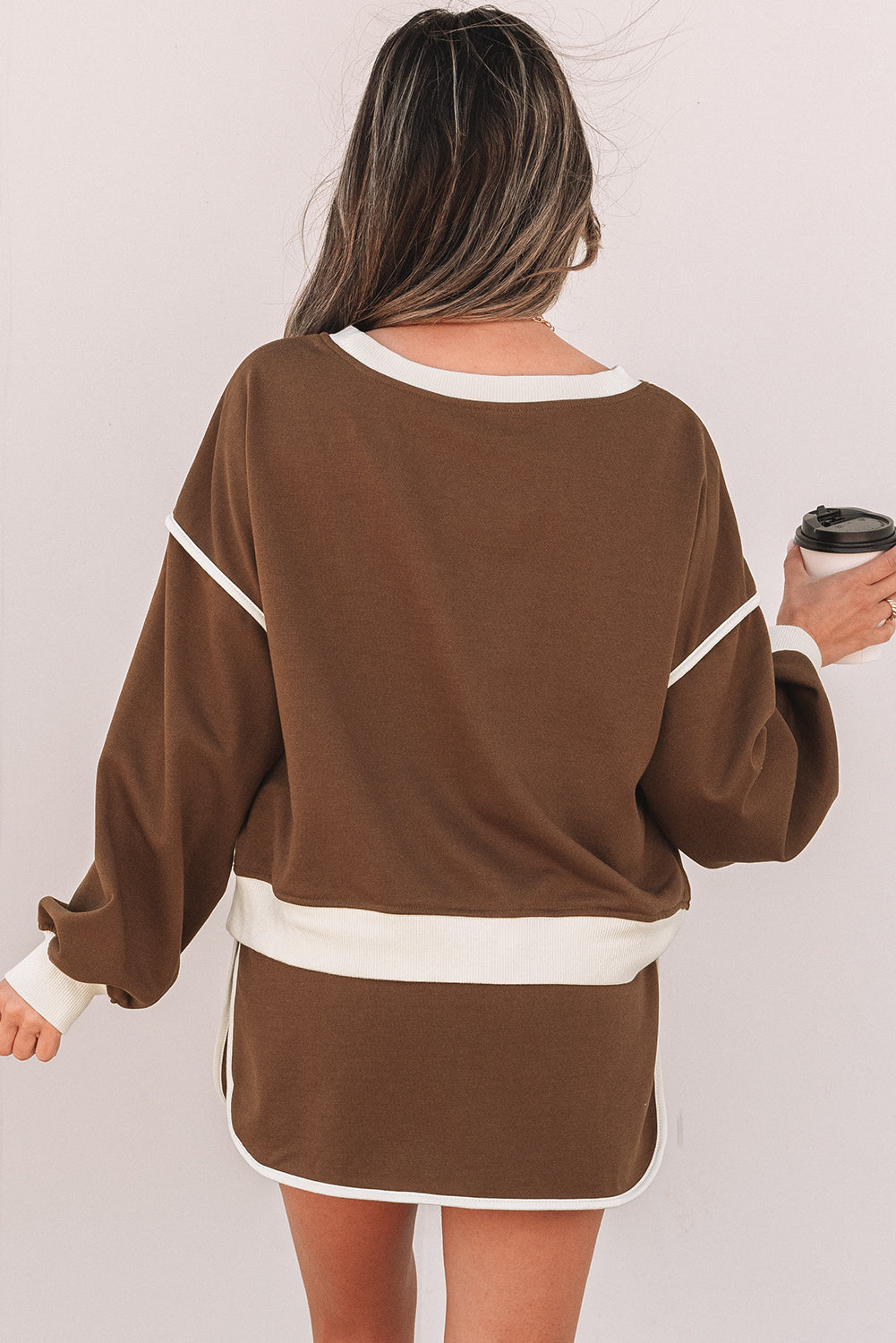 Coffee Color Contrast Loose Pullover and Lace-up Waist Skort Set 🇨🇳