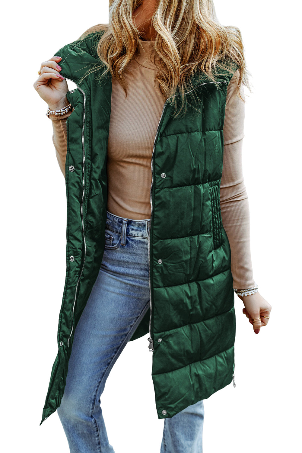 Green Hooded Long Quilted Vest Coat 🇺🇸