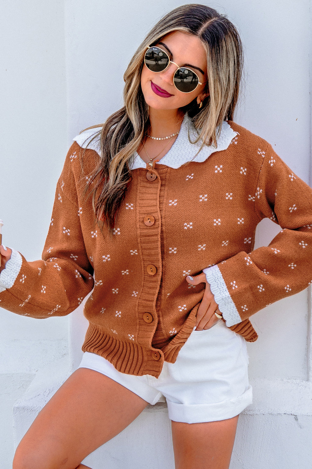 Russet Orange Peter Pan Collar Colorblock Long Sleeve Knitwear Cardigan 🇺🇸