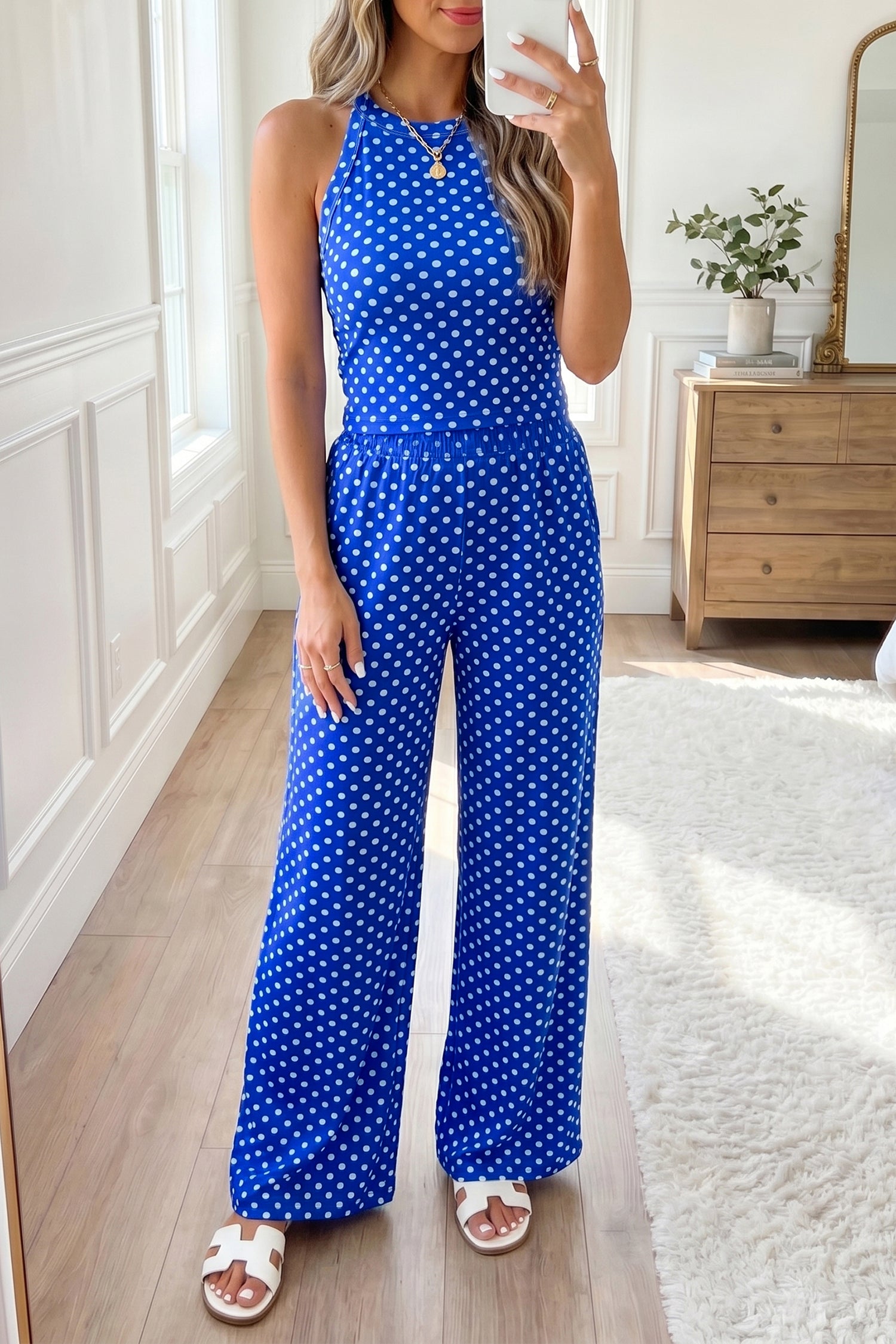 Blue Polka Dot Print Slim Tank Loose Pants 2pcs Outfit 🇺🇸