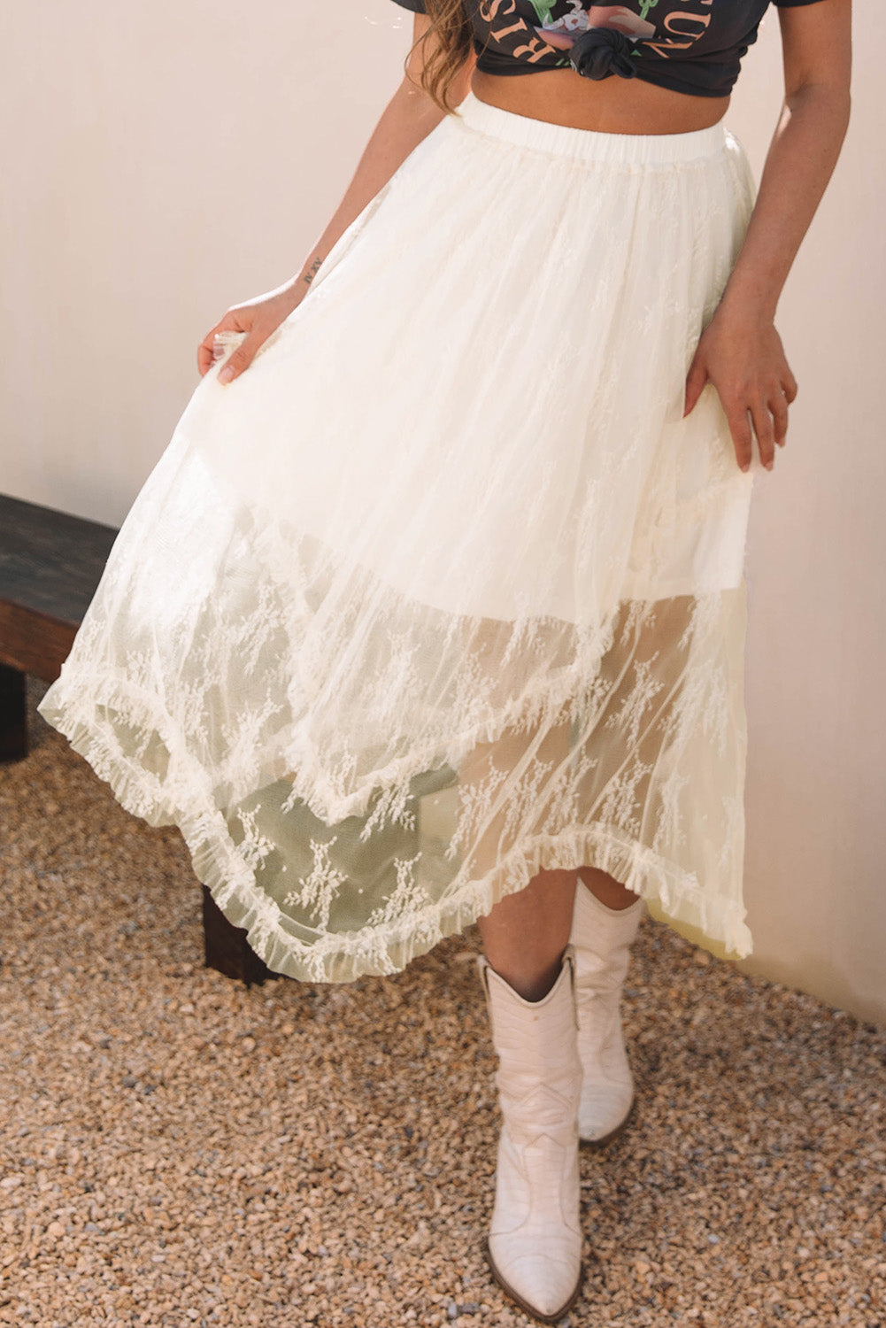 Beige Lace Cascading Tiered High Waist Maxi Skirt 🇨🇳