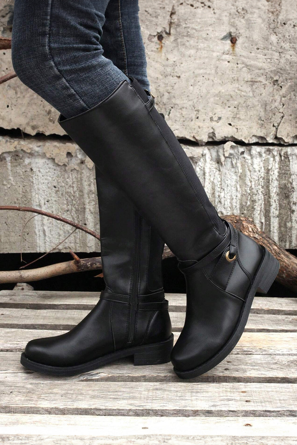 Black Side Zipper Knee High Chunky Low Heel Boots 🇨🇳