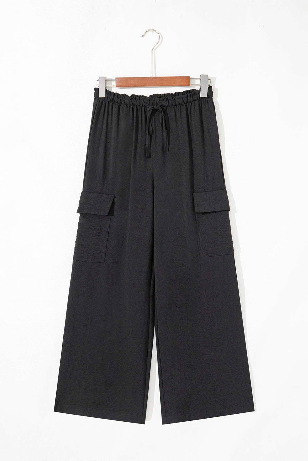 Black Drawstring Frilled Waist Wide Leg Utility Trousers 🇺🇲