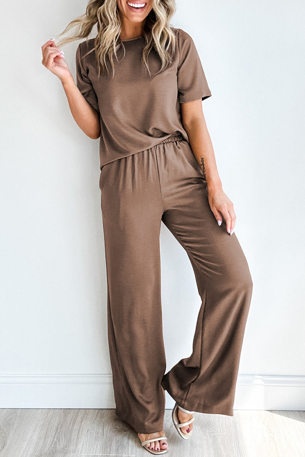 Smoke Gray Solid Color T Shirt 2pcs Wide Leg Pants Set 🇺🇸