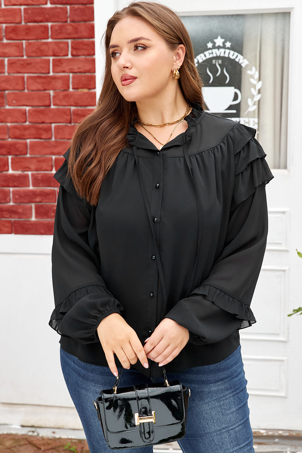 Black Ruffle Balloon Sleeve Chiffon Elegant Plus Size Shirt 🇺🇸