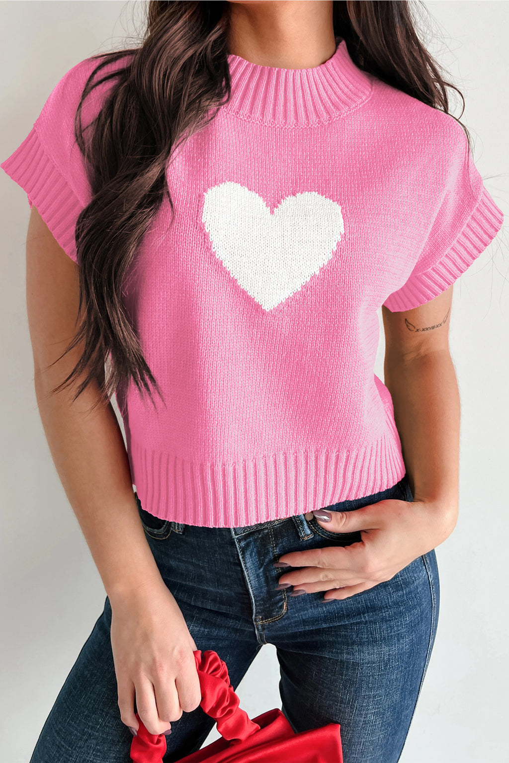 Pink Heart Graphic Cropped Short Sleeve Sweater 🇺🇸