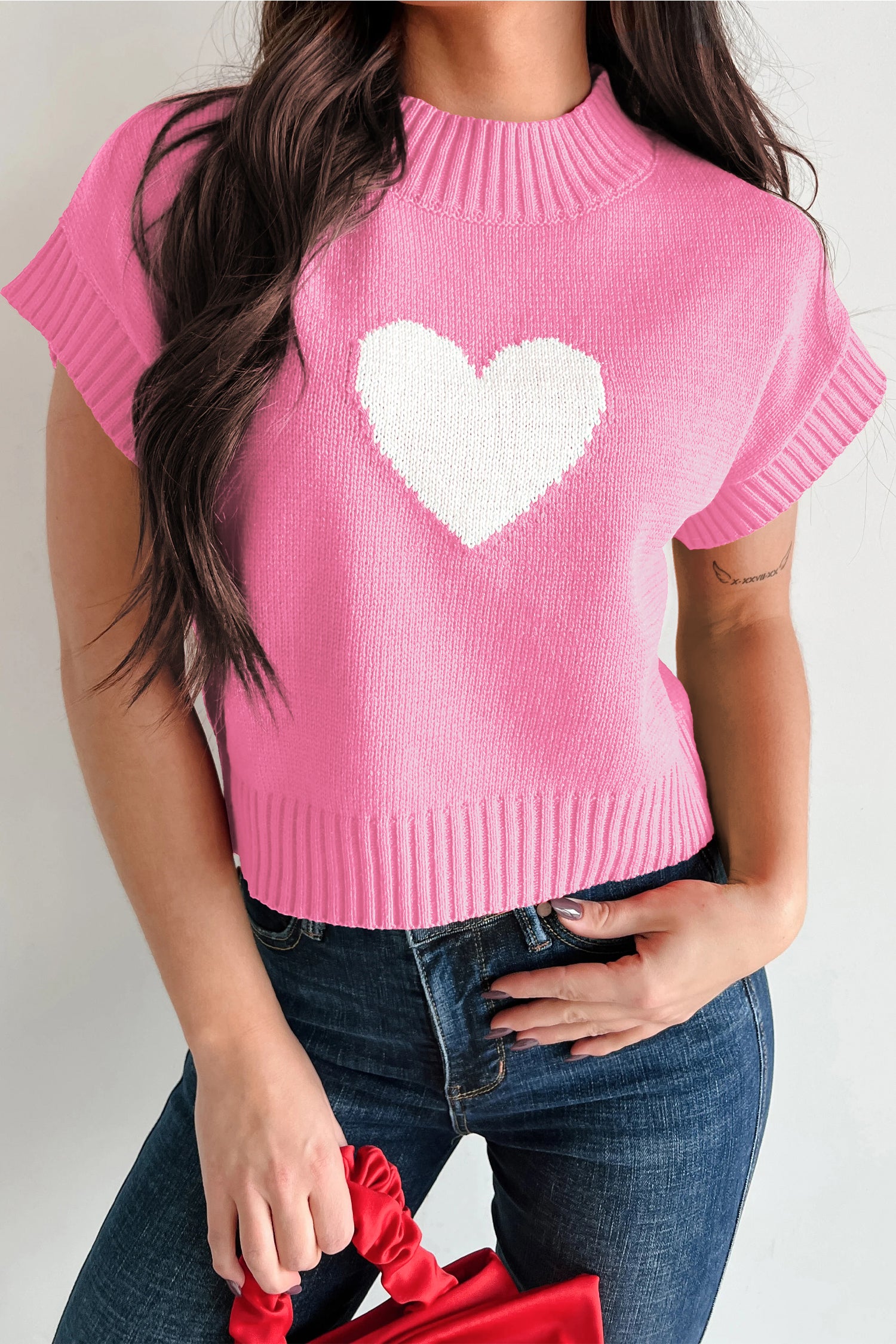 Pink Heart Graphic Cropped Short Sleeve Sweater 🇺🇸