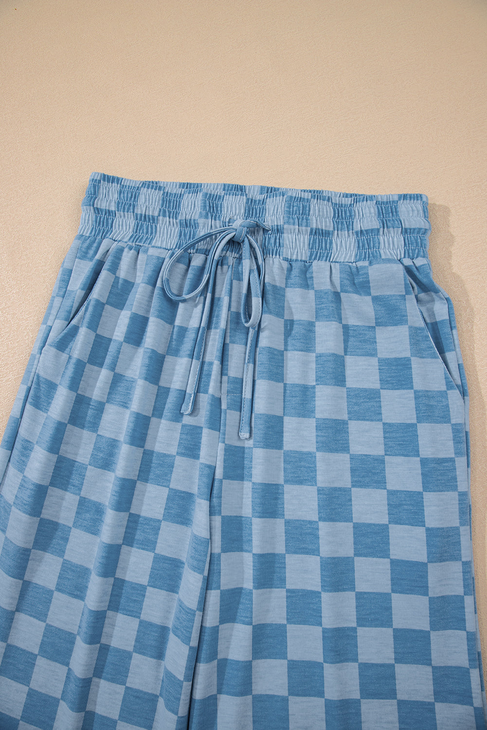 Sky Blue Checkered Elastic High Waist Loose Casual Pants 🇨🇳