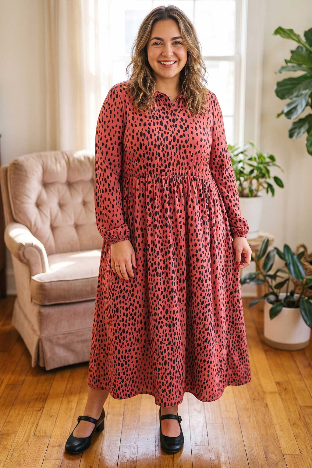 Red Leopard Print Long Sleeve V Neck Plus Size Midi Dress 🇺🇸