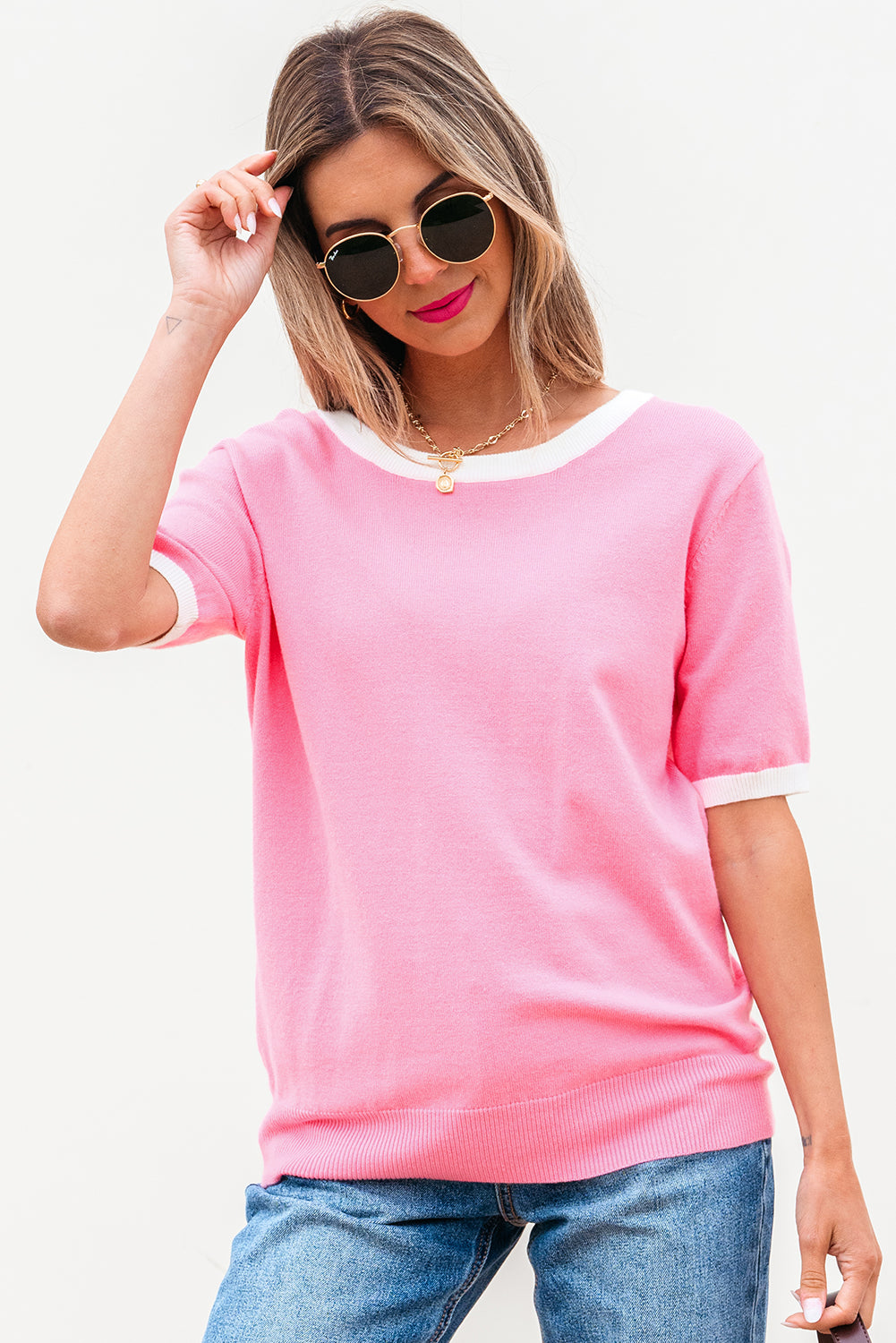 Bonbon Colorblock Bow V-Shape Cut Back Short Sleeve Sweater 🇨🇳