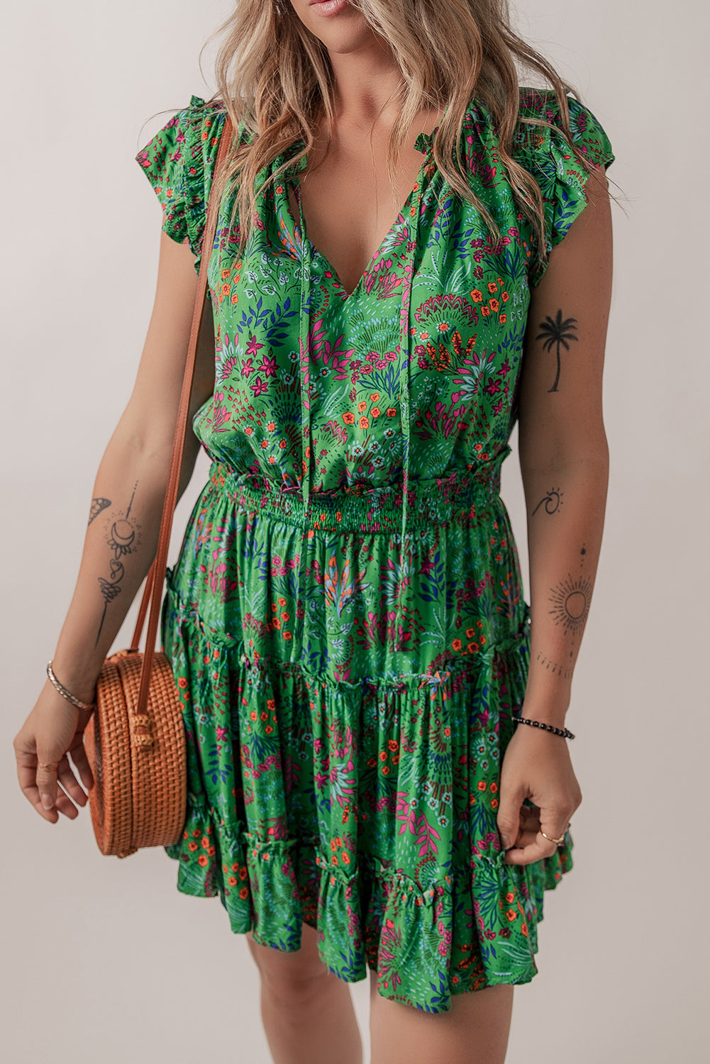 Green Floral Tie Split Neck Frilly Ruffle Trim Tiered Short Dress 🇺🇸