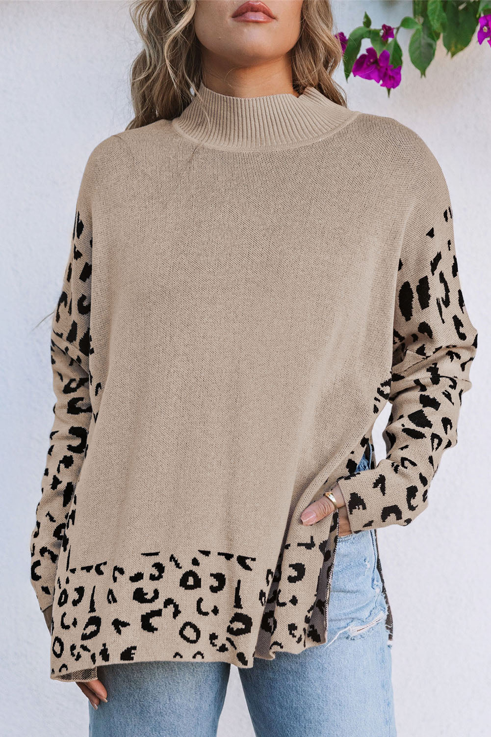 Khaki Leopard High Neck Side Slit Oversized Sweater 🇺🇸