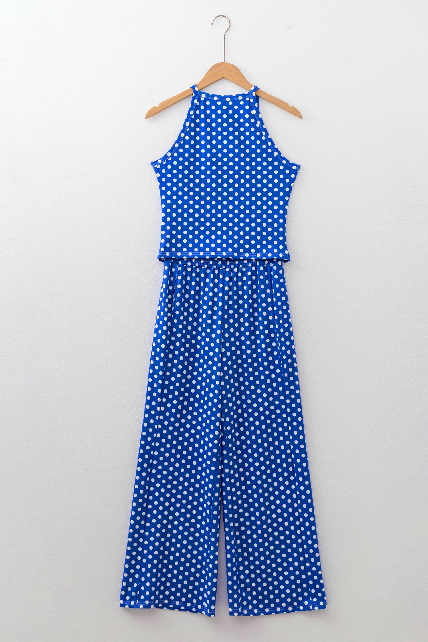 Blue Polka Dot Print Slim Tank Loose Pants 2pcs Outfit 🇺🇸