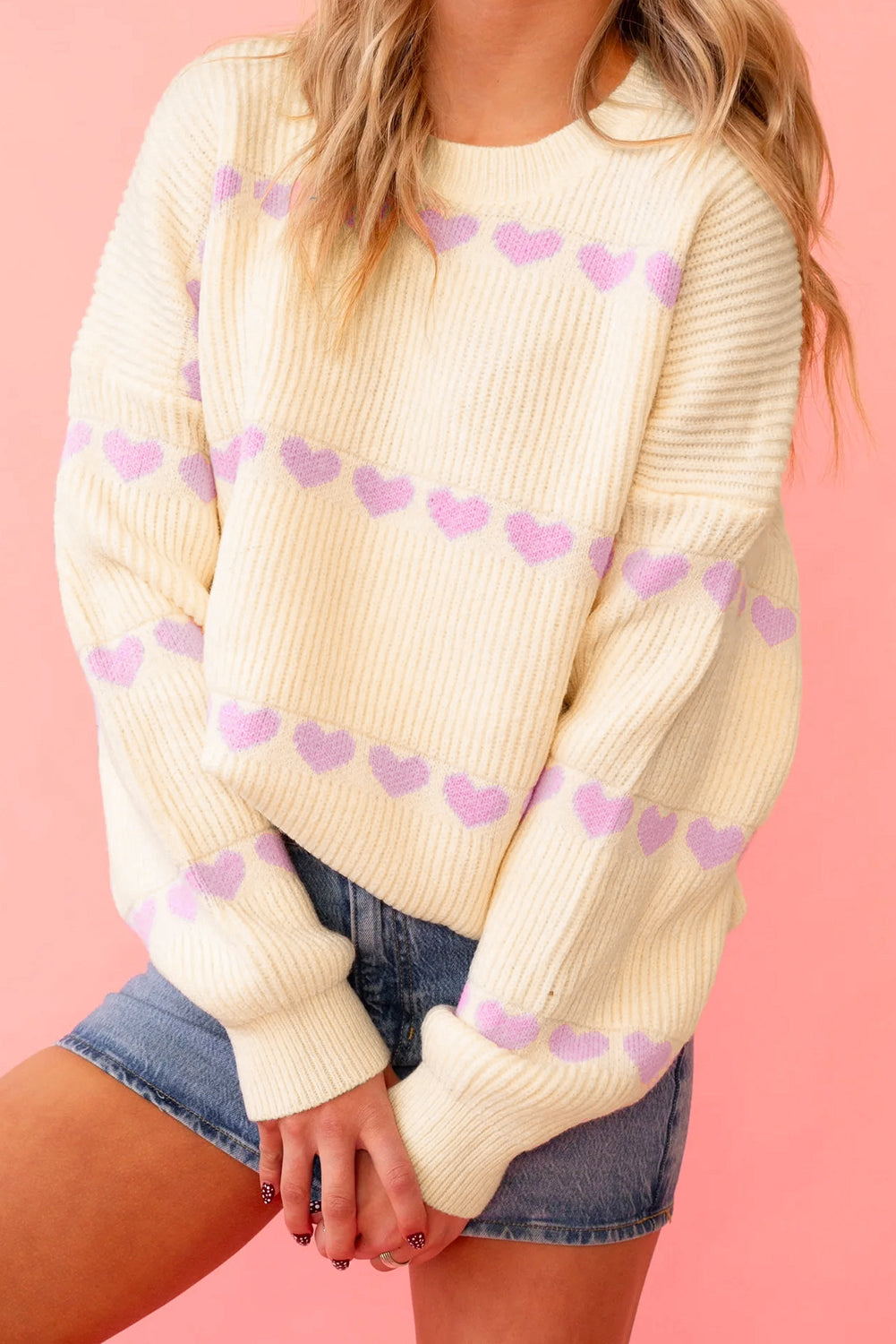Pink Heart Pattern Valentine Ribbed Knit Sweater 🇺🇸