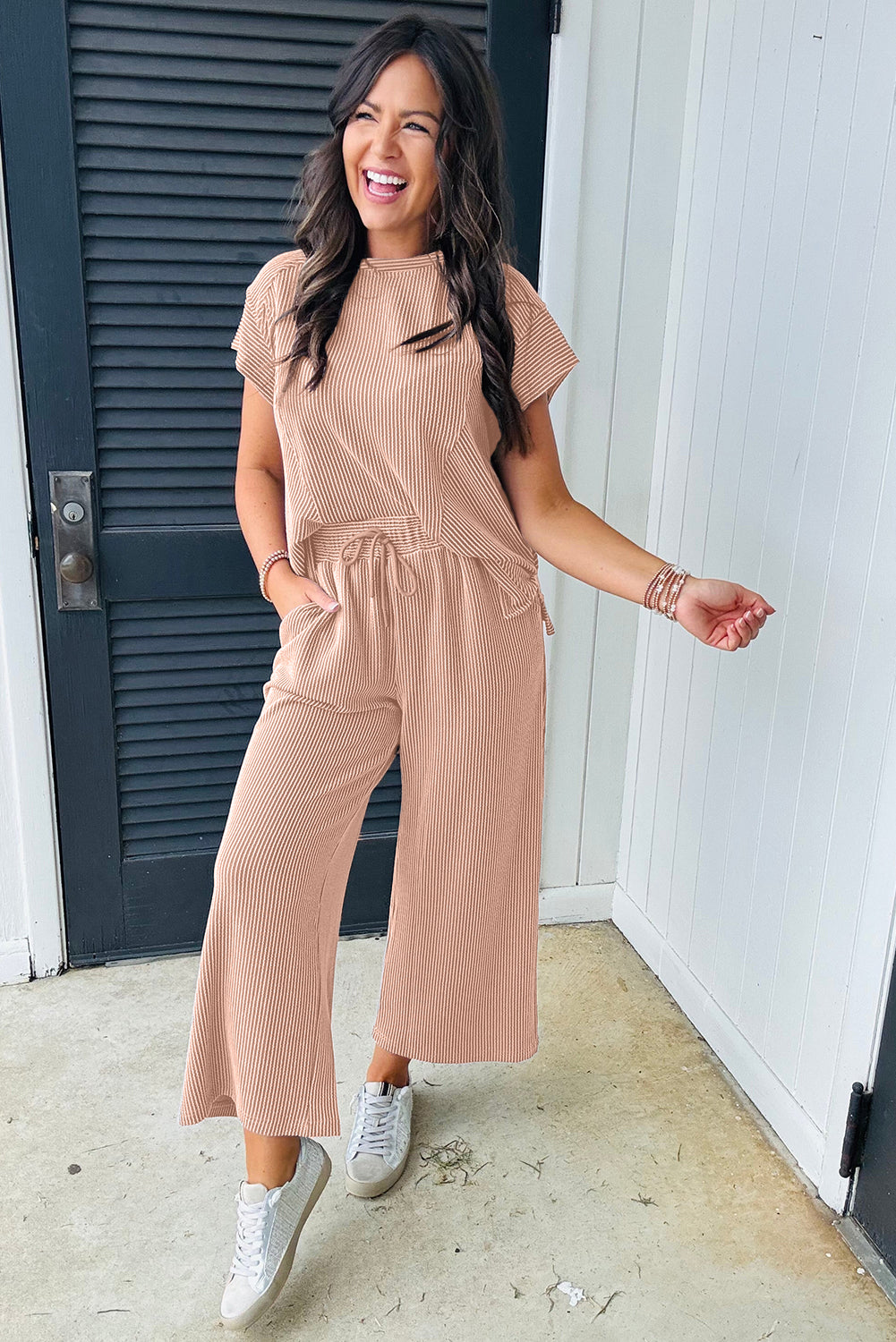 Smoke Gray Solid Corded Knit Short Sleeve T Shirt and Wide Leg Pants Set 🇨🇳
