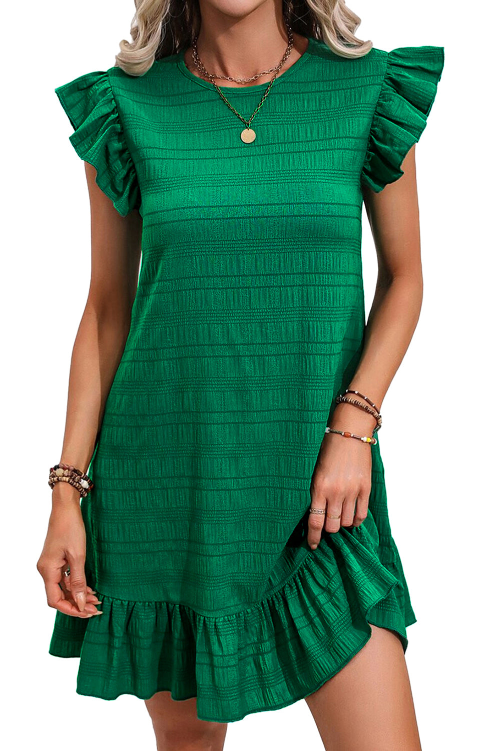 Dark Green Textured Flutter Sleeve Ruffled Mini Dress 🇨🇳
