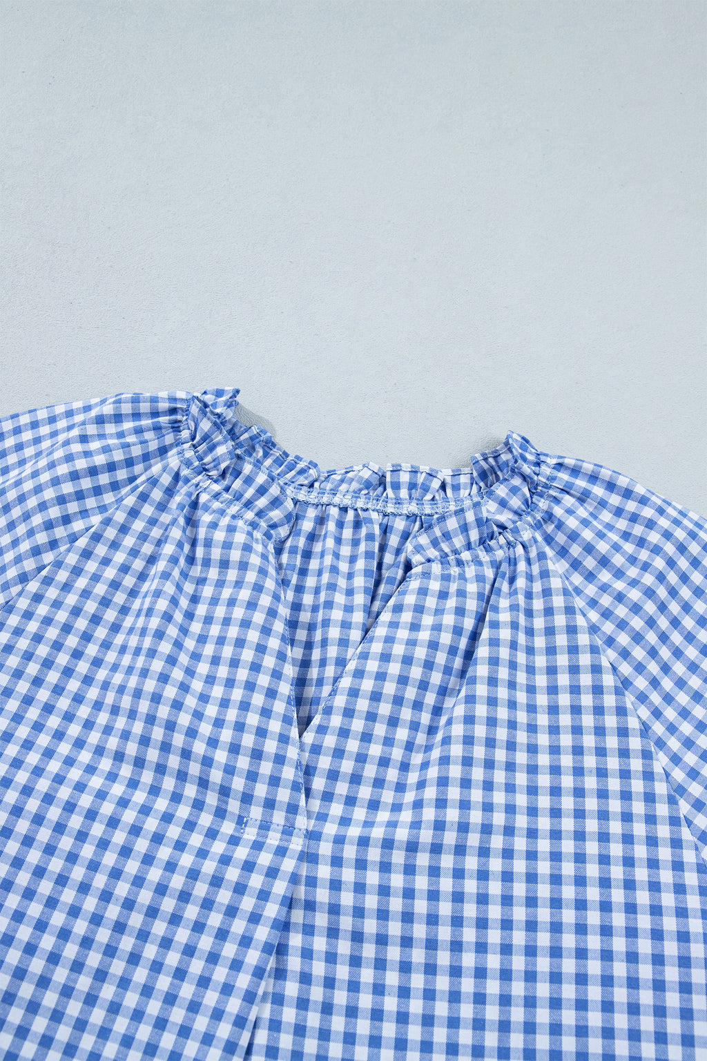 Sky Blue Summer Plaid V Neck Puff Sleeve Blouse 🇺🇸