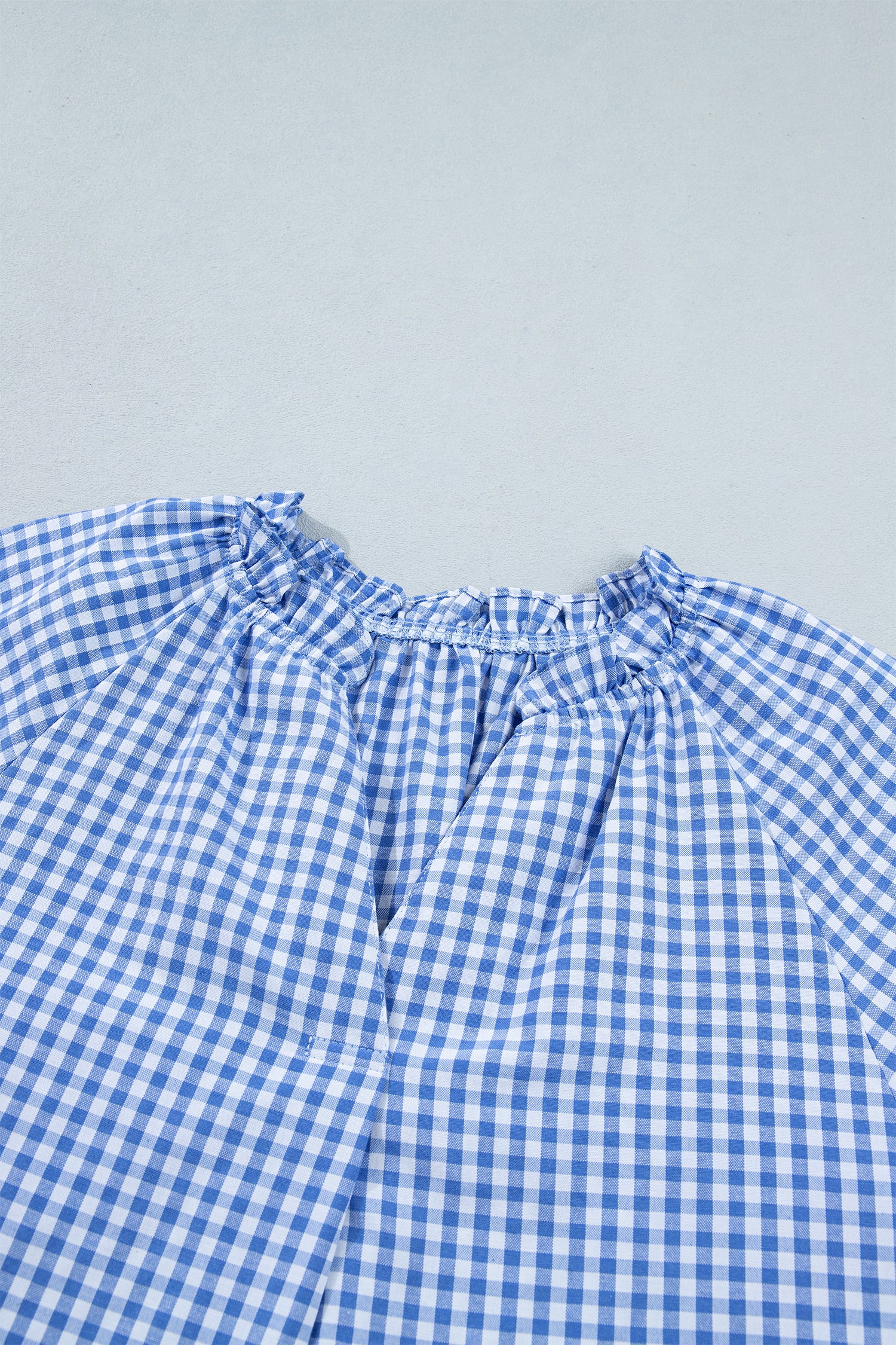 Sky Blue Summer Plaid V Neck Puff Sleeve Blouse 🇺🇸