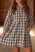 Brown Plaid Long Sleeve Short Shift Mini Dress 🇺🇸
