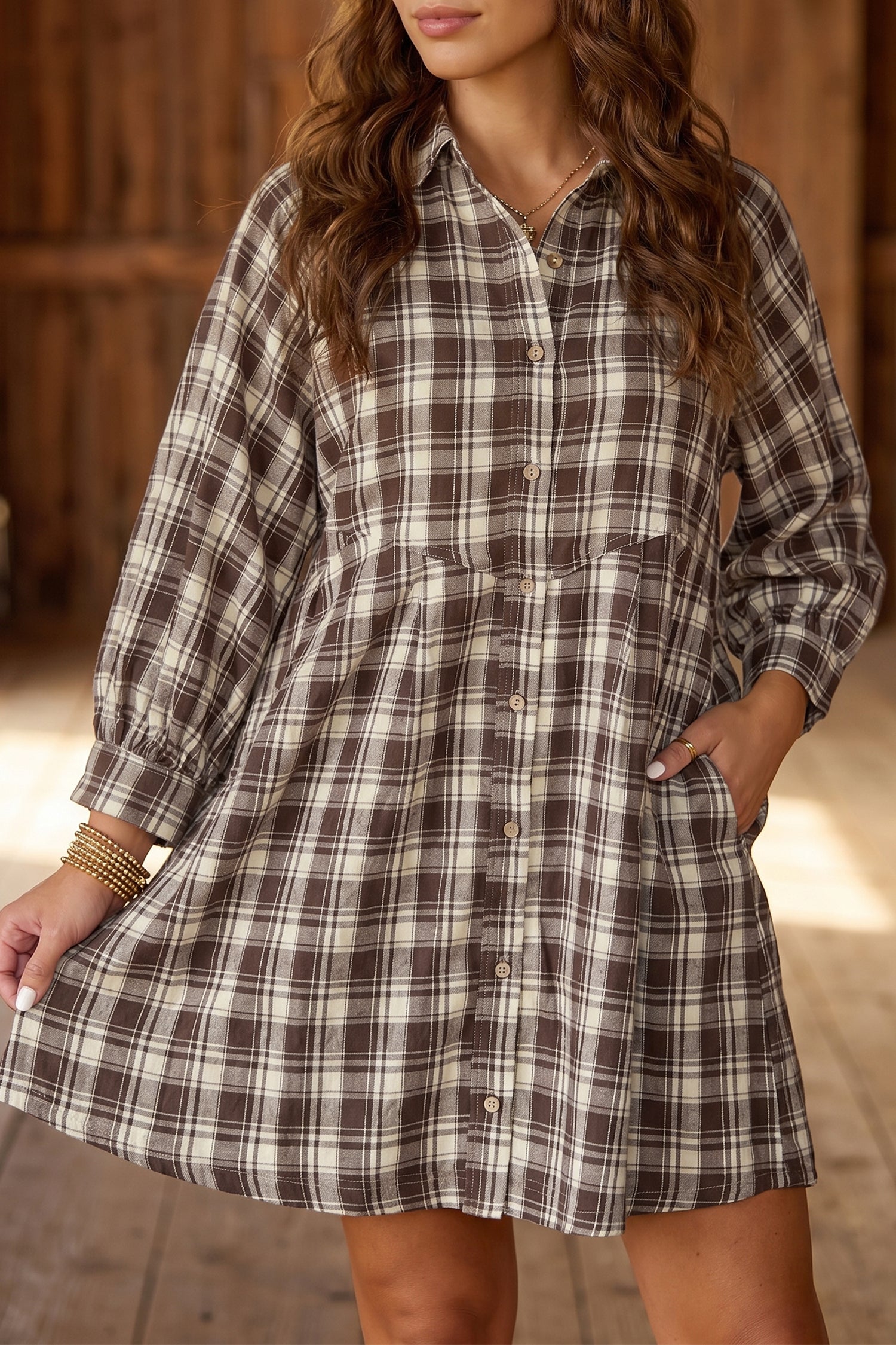 Brown Plaid Long Sleeve Short Shift Mini Dress 🇺🇸