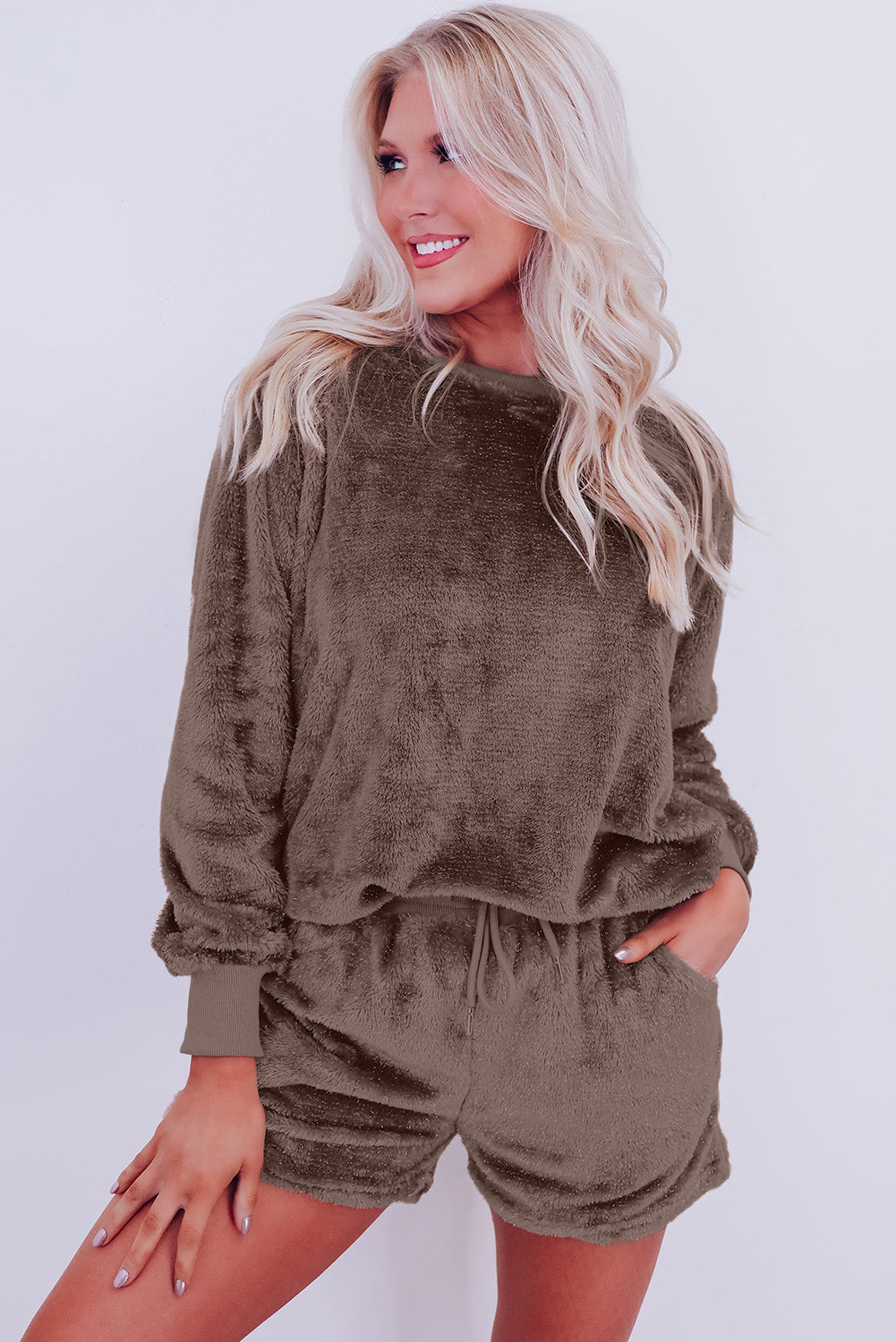 Coffee Solid Loose Fit Two Piece Fleece Lounge Set 🇨🇳