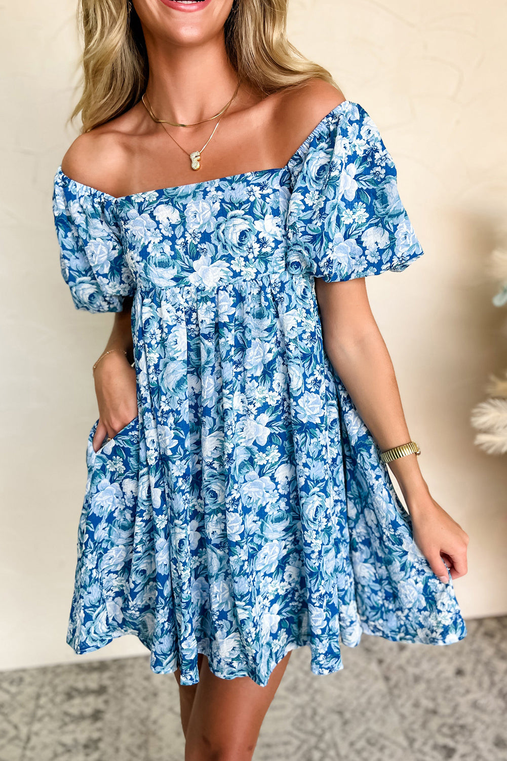 Blue Floral Puff Sleeve Babydoll Mini Dress 🇺🇸