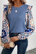 Ashleigh Blue Ruffled Floral Sleeve Patchwork Waffle Knit O Neck Blouse 🇺🇸