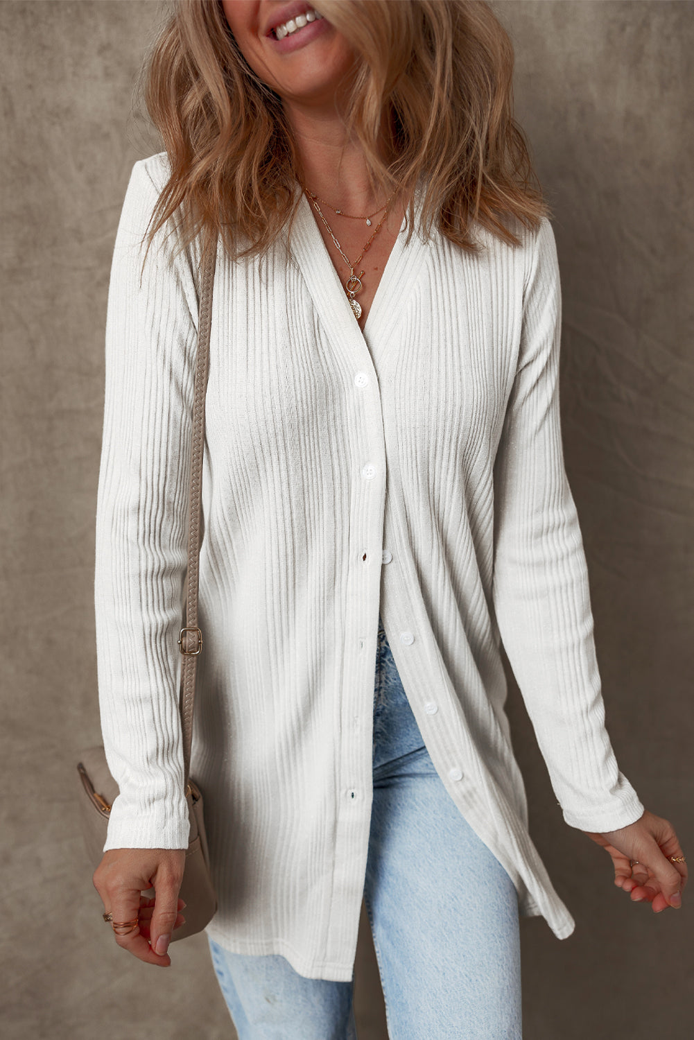 White Solid Color Ribbed Button up Tunic Cardigan 🇺🇲