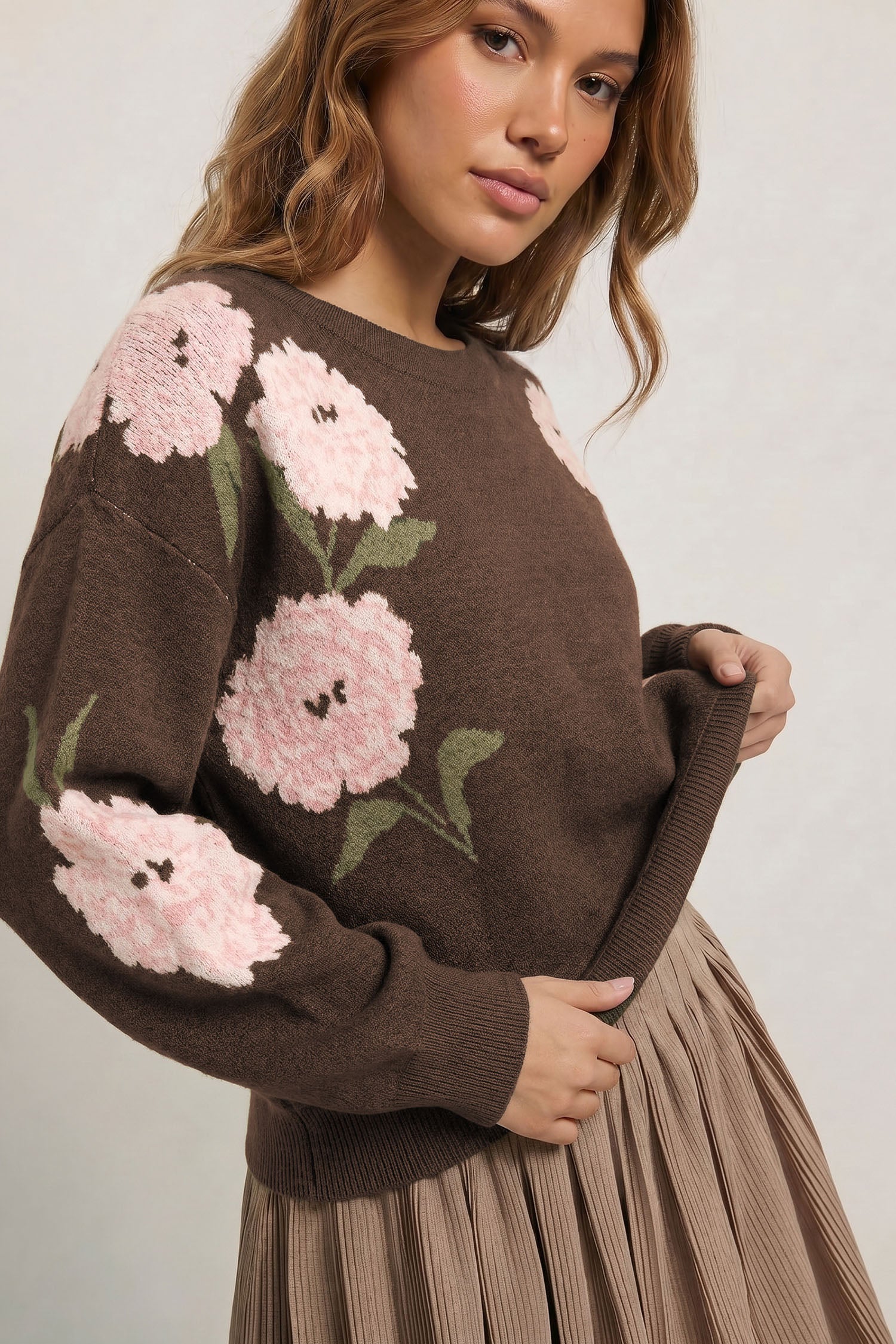 Dark Brown Floral Print Drop Shoulder Relaxed Pullover Sweater 🇬🇧