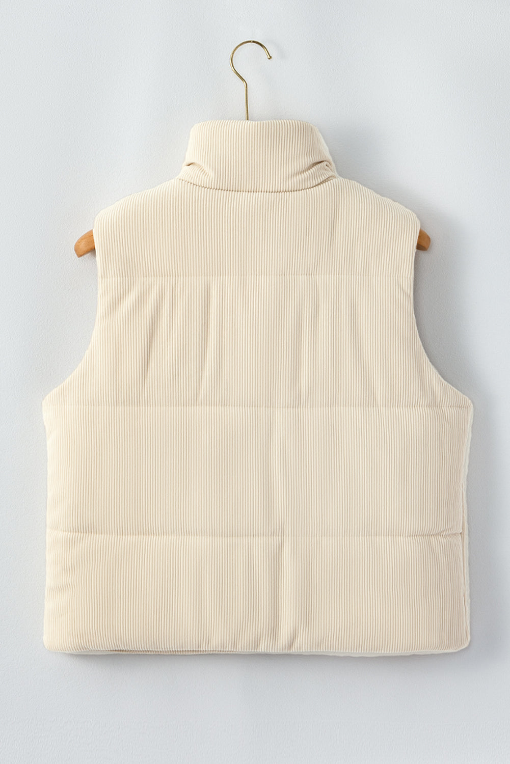 Beige Corduroy Stand Neck Zipped Puffer Vest 🇺🇸