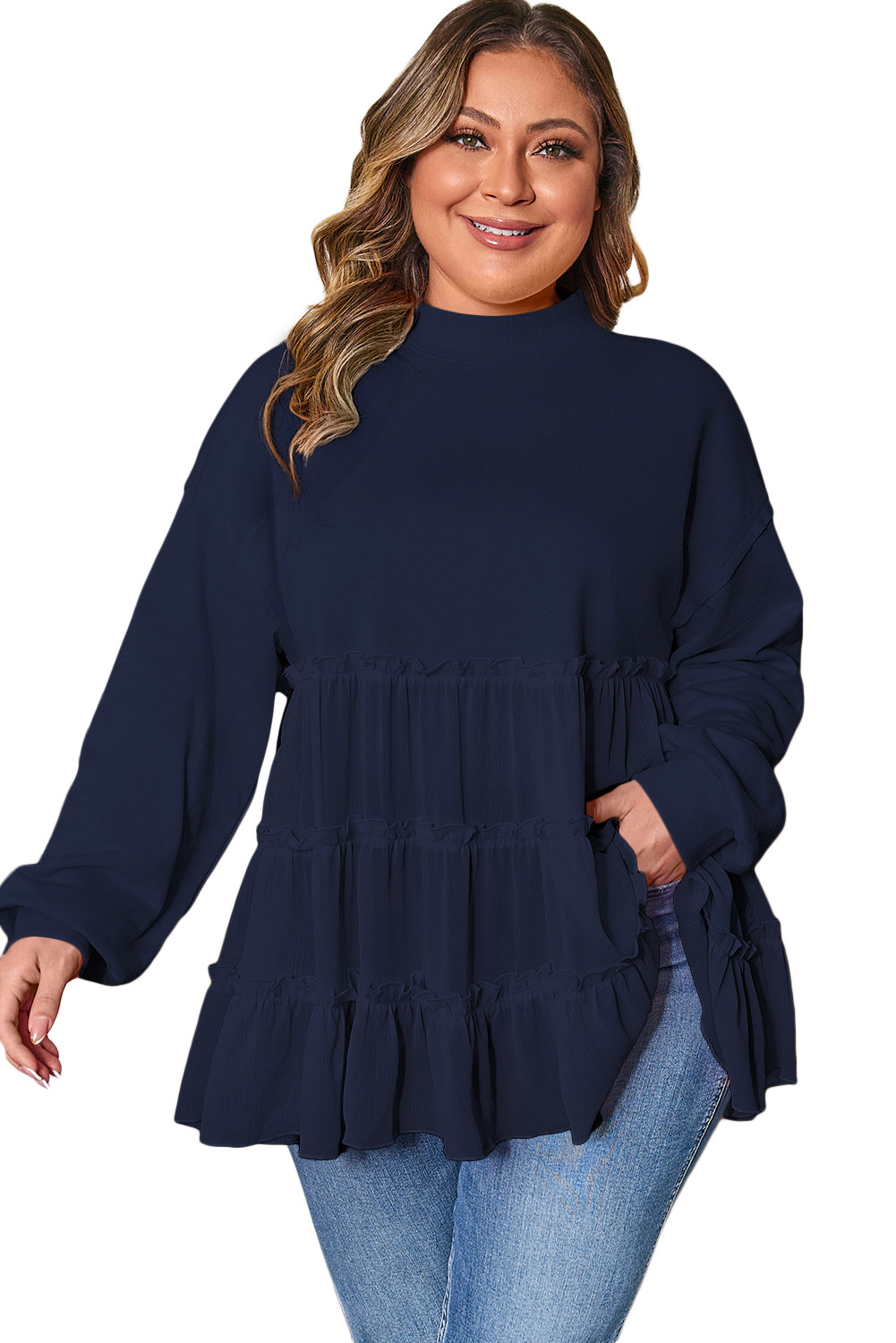 Navy Blue Tiered Ruffle Ribbed Crew Neck Pullover Plus Size Top 🇺🇸