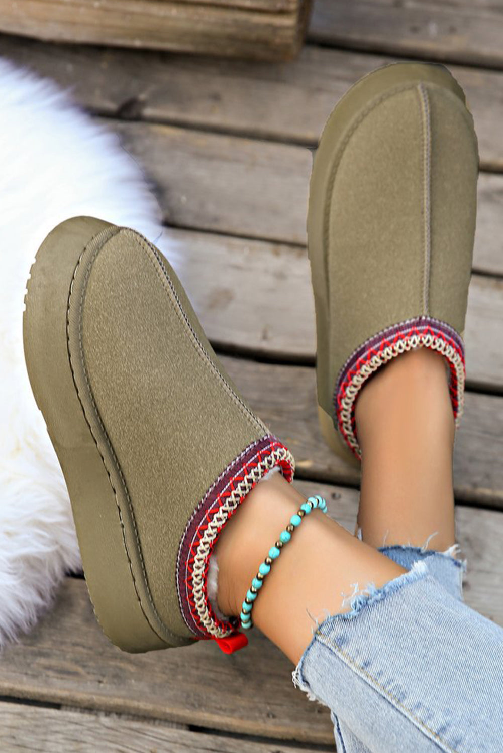 Sage Green Contrast Print Suede Plush Lined Boots/slippers 🇨🇳