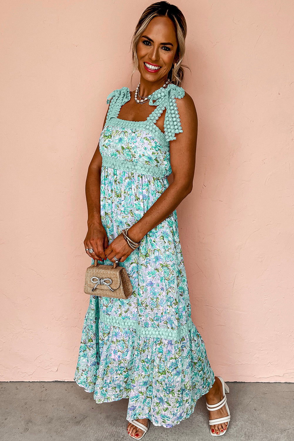 Green Floral Lace Tied Strap Empire Waist Maxi Dress 🇨🇳