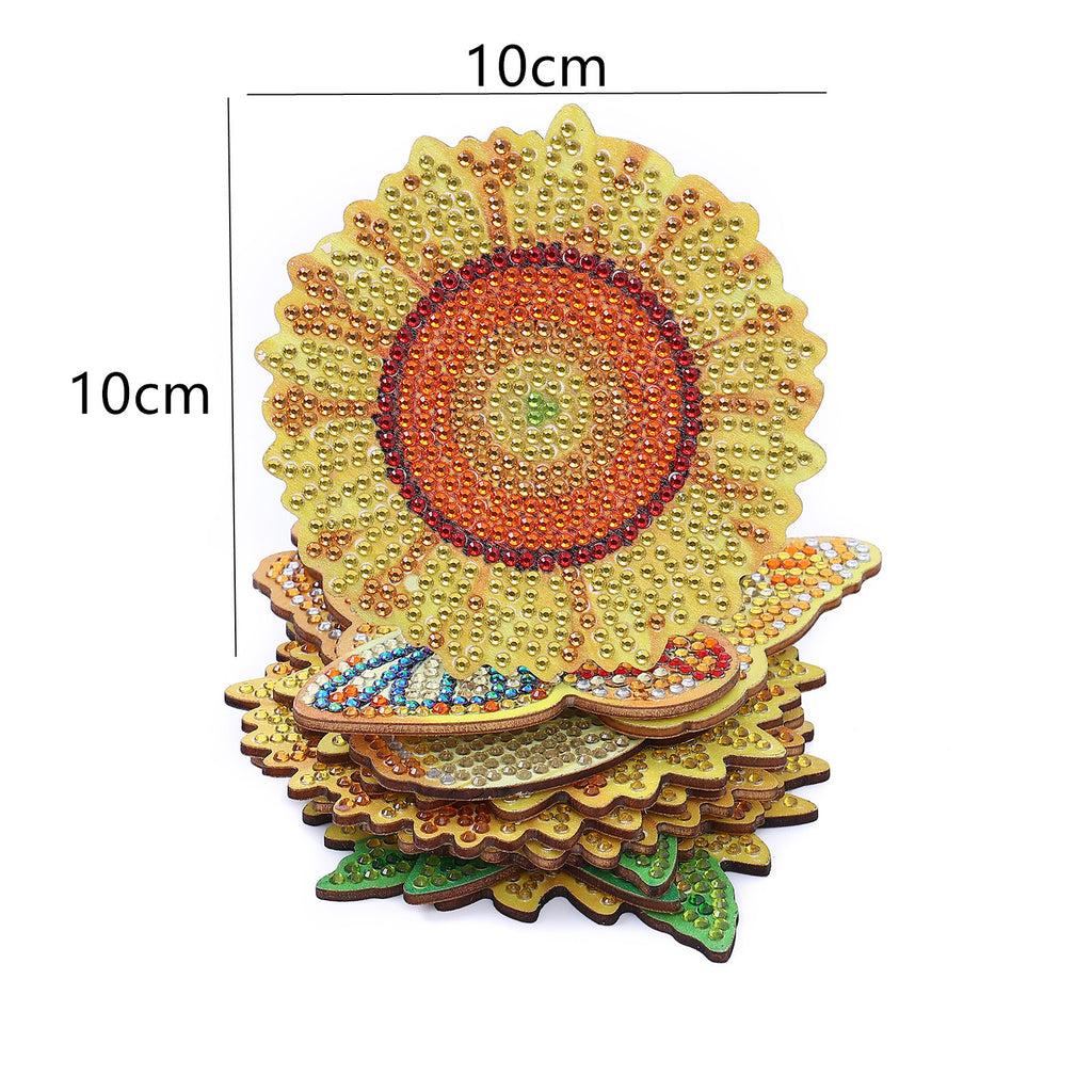 10 Pieces DIY Crystal Glitter Diamond Painted Wooden Art Coaster With Stand Sunflower Style 🇨🇳
