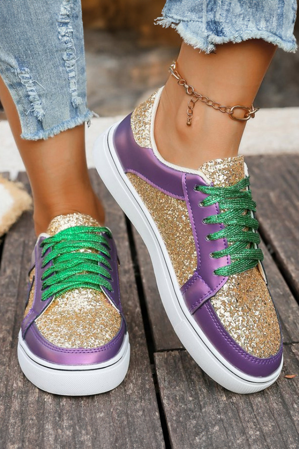 Rose Gold Glitter Star Patchwork PU Leather Lace-up Sneakers 🇺🇸
