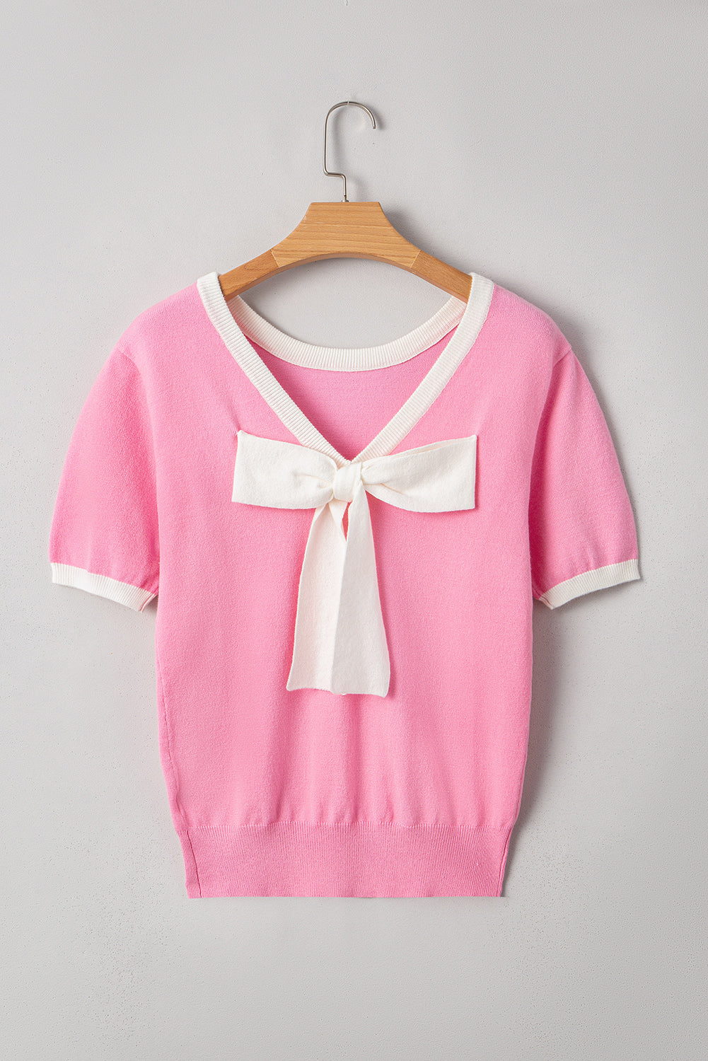 Bonbon Colorblock Bow V-Shape Cut Back Short Sleeve Sweater 🇨🇳
